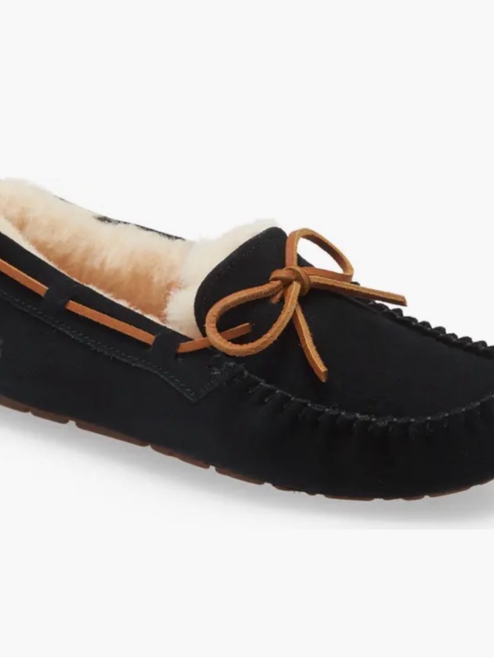 UGG Dakota Black Suede Moccasin Slipper with Tan Leather Bow 7